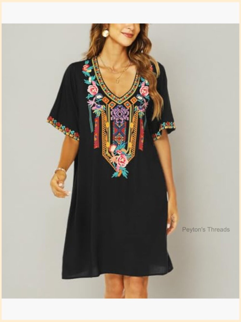 Boho Embroidered Dress V-Neck Short Sleeve Midi Dress Floral Embroidery - Picture 6 of 7